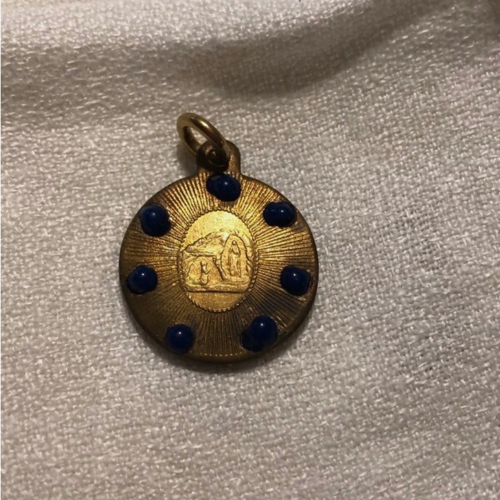 Antique Old Religious MEDAL Engraved XIX 19th France Lourdes Blue Stones 0.8”